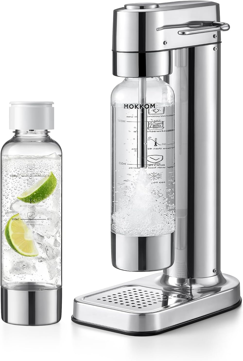 MOKKOM Sparkling Water Maker Stainless Steel & 1L Reusable Soda Maker Bottle