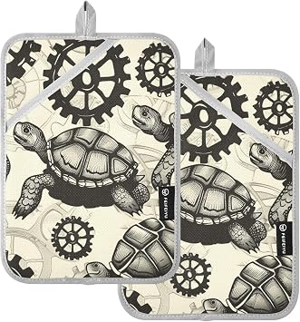 Large Pot Holders Heat Resistant Kitchen Hot Pad Oven Mitts with Pocket 2 Pack -Industrial Turtle Black