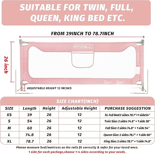 Miniatura 3 de Riel de cama para niños pequeños, riel de cama para cama King de tamaño matrimonial, protector de cama de bebé para niños pequeños (rosa, 1 pieza,