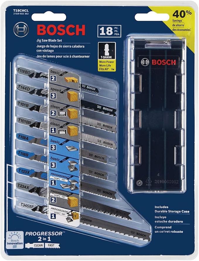 Bosch T-Shank Jig Saw Blade Set T18CHCL, 18 Pieces, 3-1/4'' - 5-1/4'', 5-24 TPI, In Brute Tough Case, For Wood, Metal And All Purpose/Multi-Material