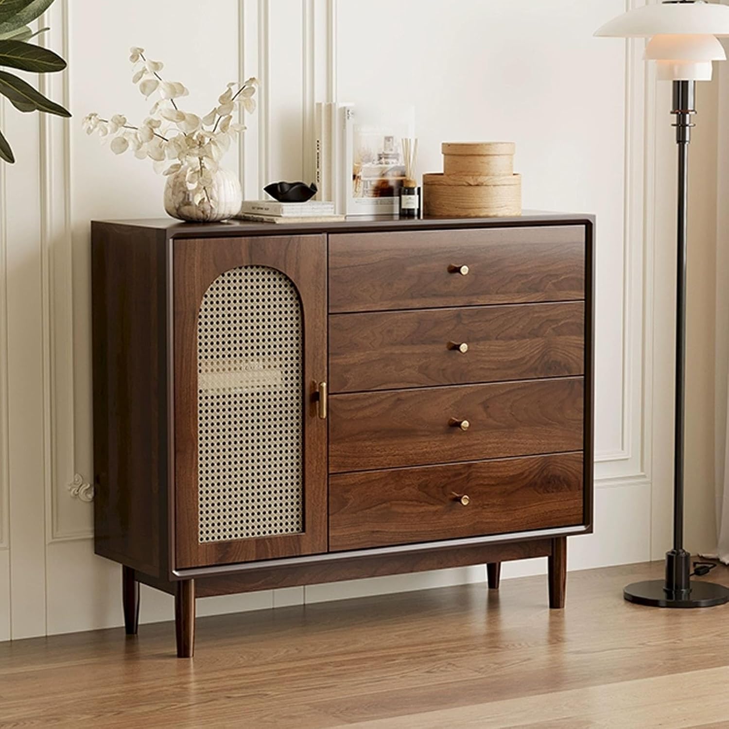 Arched Sideboard Buffet Cabinet, Accent Storage Cabient with Glass Doors/Rattan Weaving, Hutch Cupboard Adjustable Shelves, Coffee Bar Entryway Cabinet(Brown,140x100cm/55.1x39.3in)