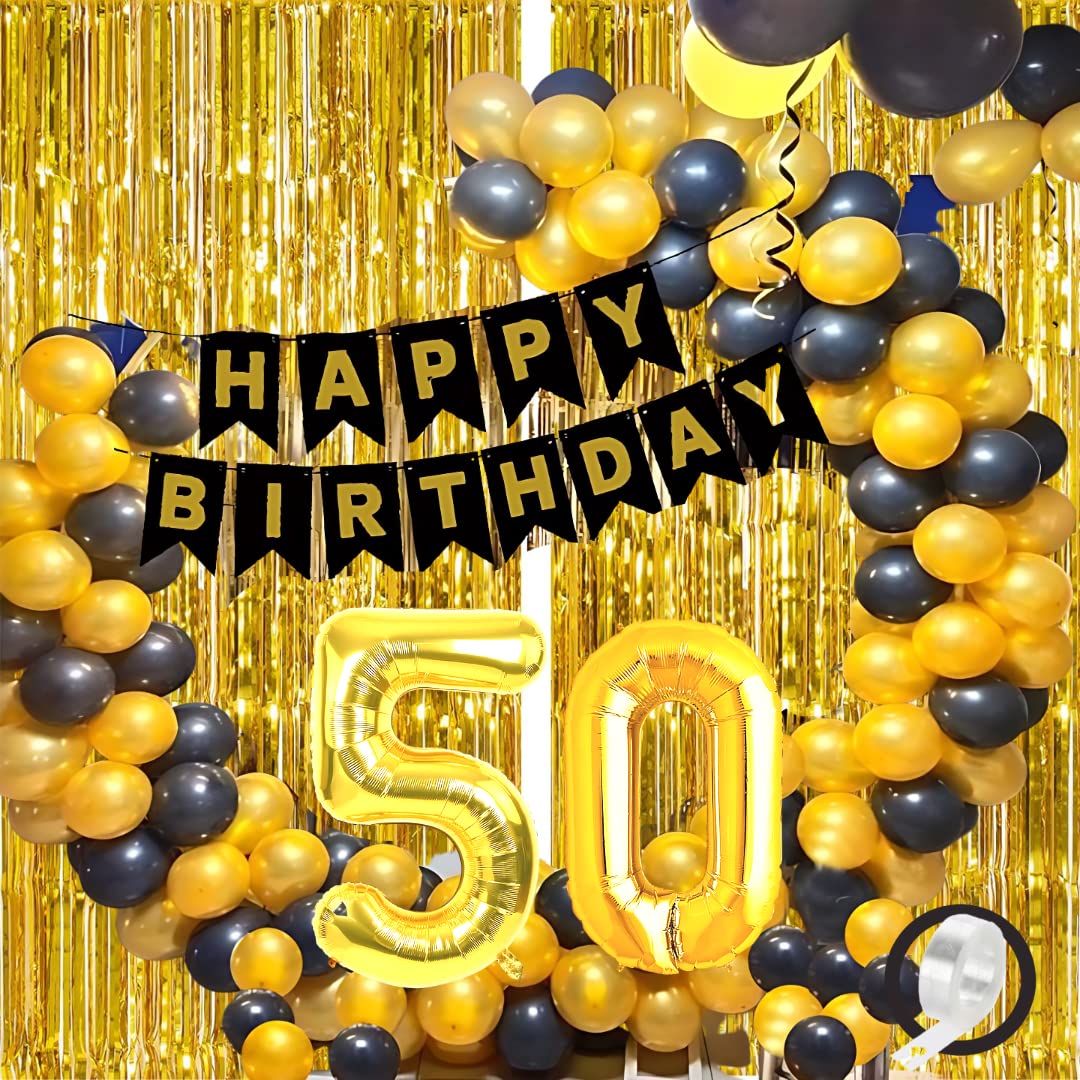 Flyloons 50th Black Gold Happy Birthday Decoration for Girls Kids Boys with Black Happy Birthday Banner,Black,Gold Balloons, Golden Foil Curtain,Arch Tape birthday celebration half century-image-9