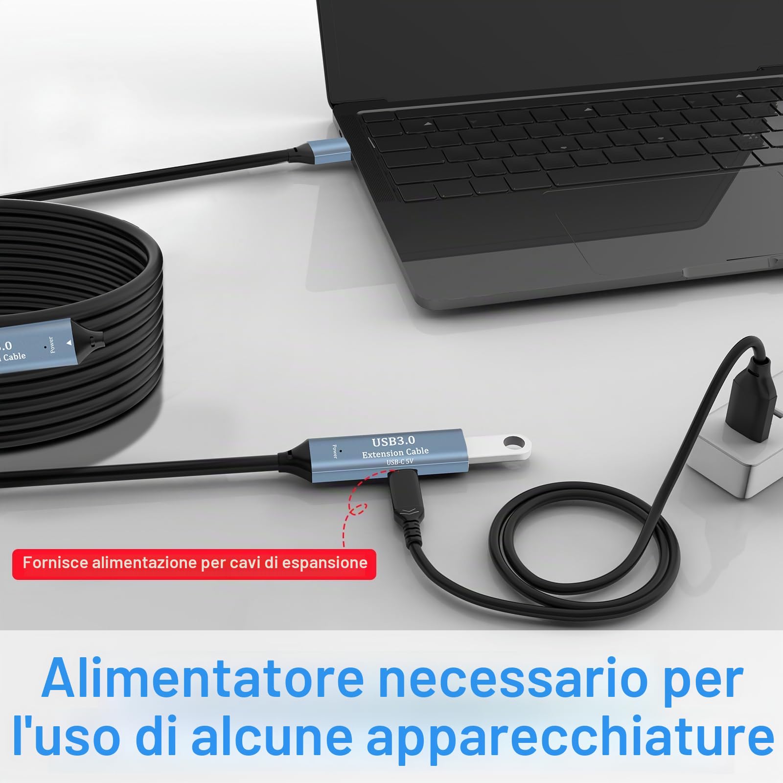 Cavo di prolunga USB 3.0 15 m, tipo A maschio a femmina, attivo con 2 chipset, amplificatore di segnale e 1 porta di ricarica USB-C, per webcam, stampante, fotocamera