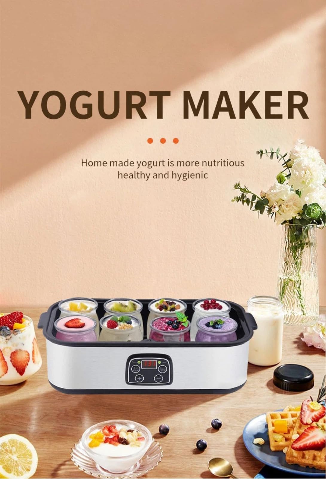 Máquina digital de yogur de 8 tazas, máquina de acero inoxidable de 1400 ml con temporizador de control de temperatura, fermentador de yogur casero con tarros de vidrio