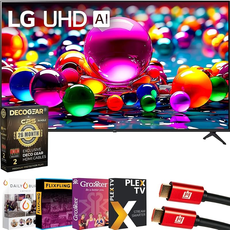 55UA7700PUB Paquete de TV inteligente webOS UA77 LED AI 4K UHD de 55 pulgadas (2025) con transmisión de películas de estreno, cable HDMI de 6 pies y Deco Gear Paquete de protección exclusivo de 26 meses de CPS (BEACH-CPS-26M500)