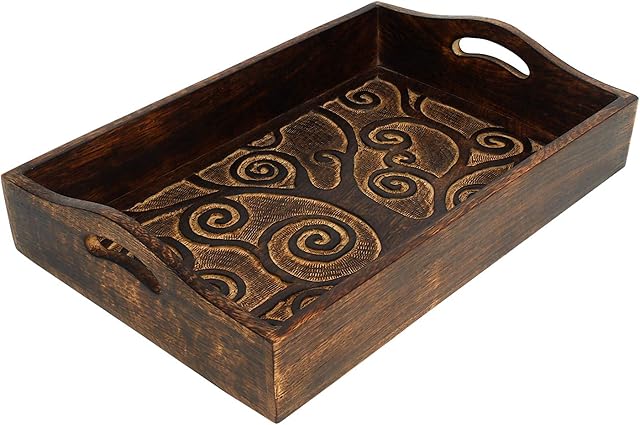 Ajuny Indian Handcrafted Rectangular Mango Wooden Decorative Serving Tray Platters With Handle Hand Carved Tree Of Life Design
