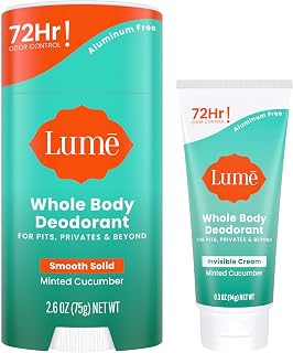 Lume Whole Body Deodorant - Invisible Cream Tube Mini and Solid Stick - 72 Hour Odor Control - Aluminum Free, Baking Soda Free, Skin Safe - 0.5 Oz Mini Tube + 2.6 Oz Solid Stick (Minted Cucumber)