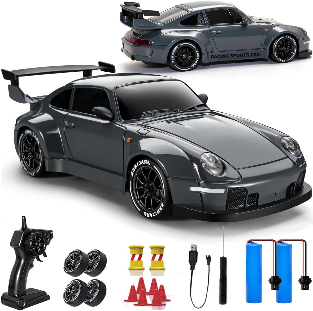 TOPLIVING RC Drift Car, 1:24 Remote Control Car for Kids, 20KM/H 4WD High Speed RC Cars with LED Lights, Two Batteries, Extra Drifting Tires, Vehicle for Adults Boys Girls