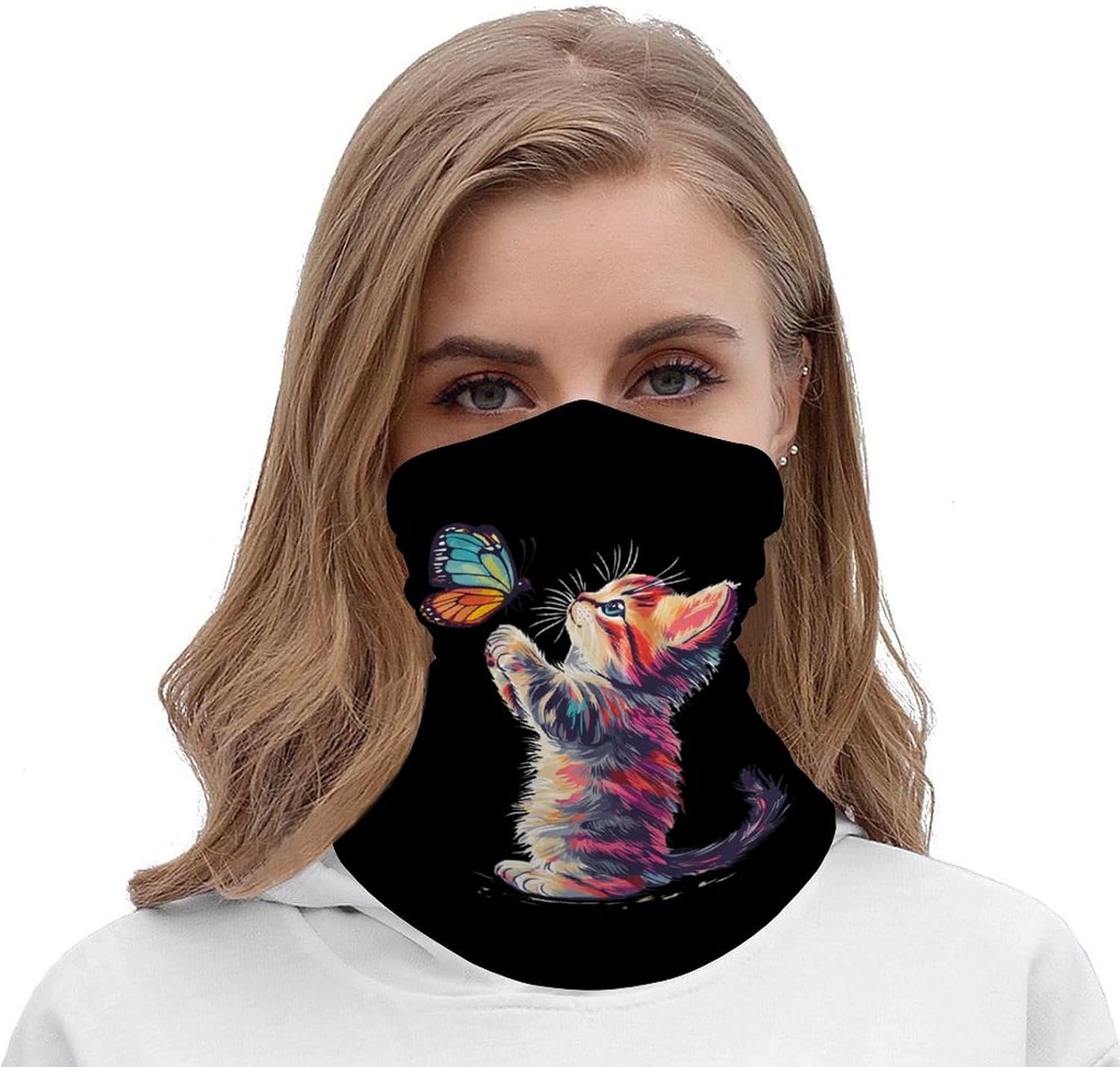 Cute Cat Playing Butterflies Face Cover Neck Gaiters for Men Women Sun Protection Mask Scarf Hiking Bandana