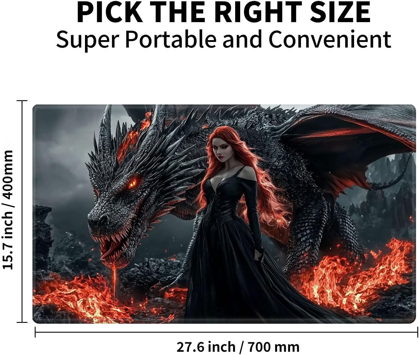 Patterned Gaming Playmat Compatible with MTG, Card Game Mat with Stitched Edges, Natural Rubber Desk Pad with Transparent Drawstring Bag, 27.6 x 15.7 Inch, Red Haired Woman Dragon