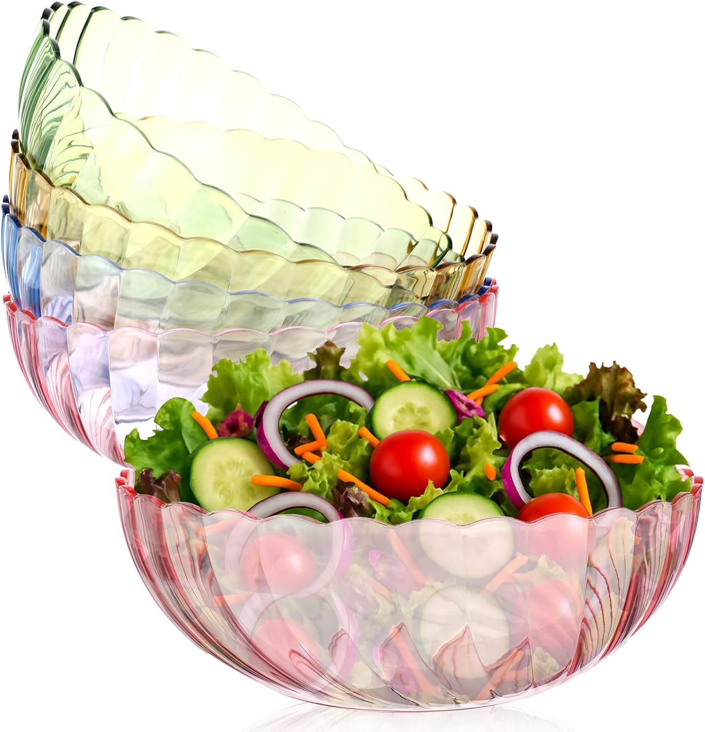 MAQUITA 4 Pack Plastic Serving Bowls, Salad Mixing Bowls, 62.5oz Break Resistant for Salad, Fruit, Popcorn, Chip and Dip (4 color)