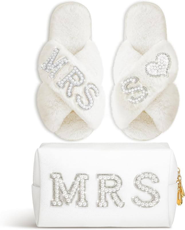 Xtinmee Kit com Pantufas Brancas e Necessaire de Maquiagem MRS para Noiva