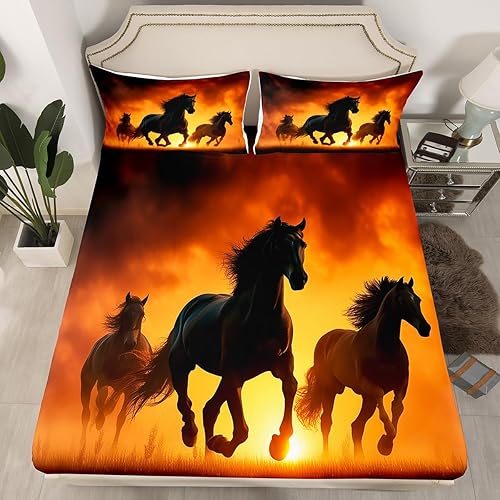 Juego de ropa de cama de caballo negro, tamaño individual, sábana bajera ajustable de animales del oeste para niños, adultos, niños y hombres, juego