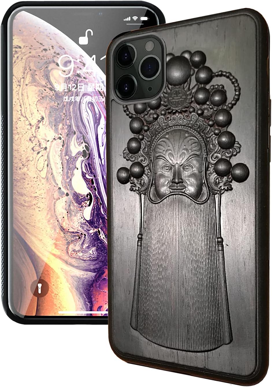 Natural Ebony Black Wood Carved Phone Basic Case for iPhone Series (iPhone 11 6.1", Beijing Opera Zhang Fei)