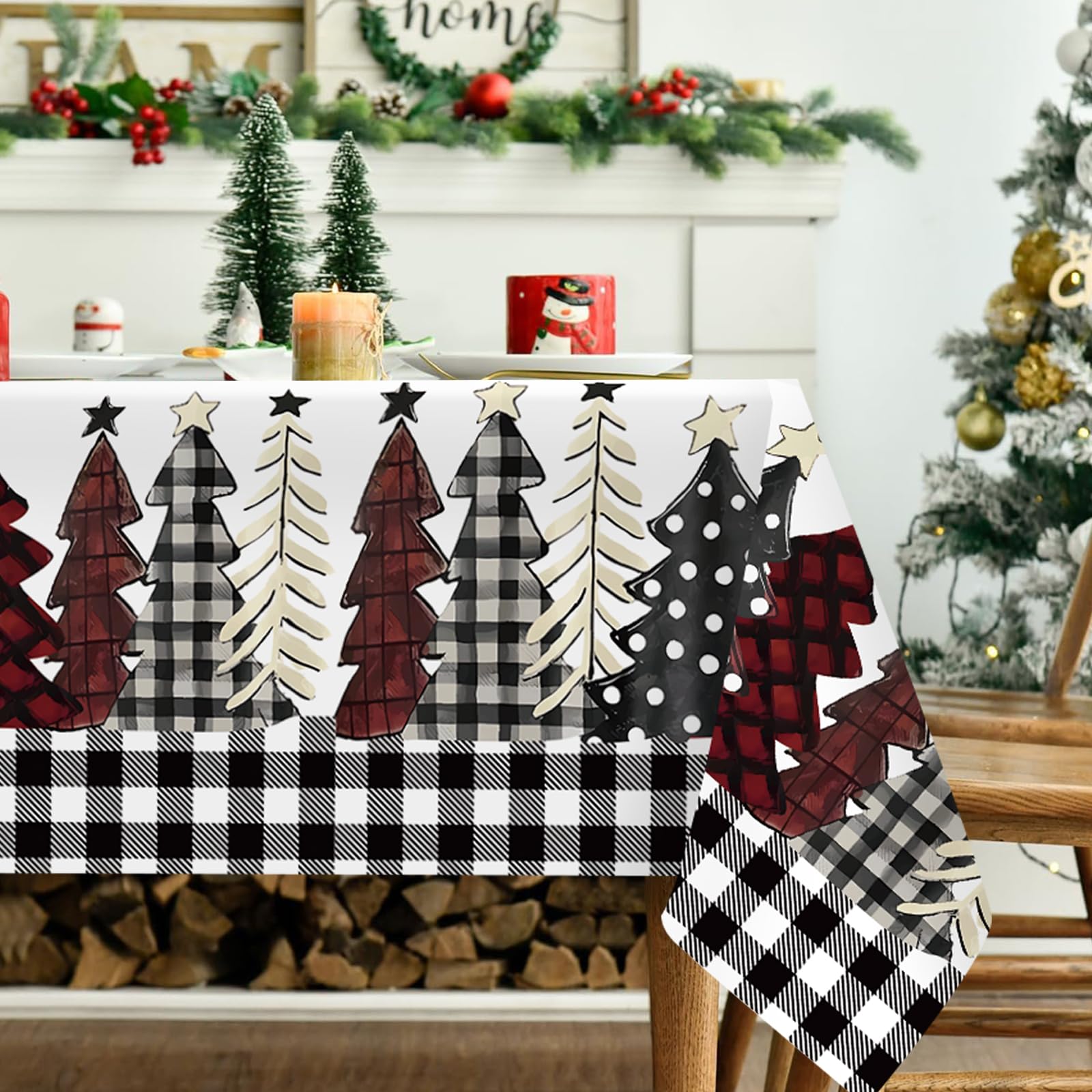 Frigg Christmas Table Cloth Rectangular, 140x180cm Wipe Clean Xmas Tablecloth, Christmas Tree Gray Grid Table Cloth for Winter Holiday Party Supplies Christmas Decorations