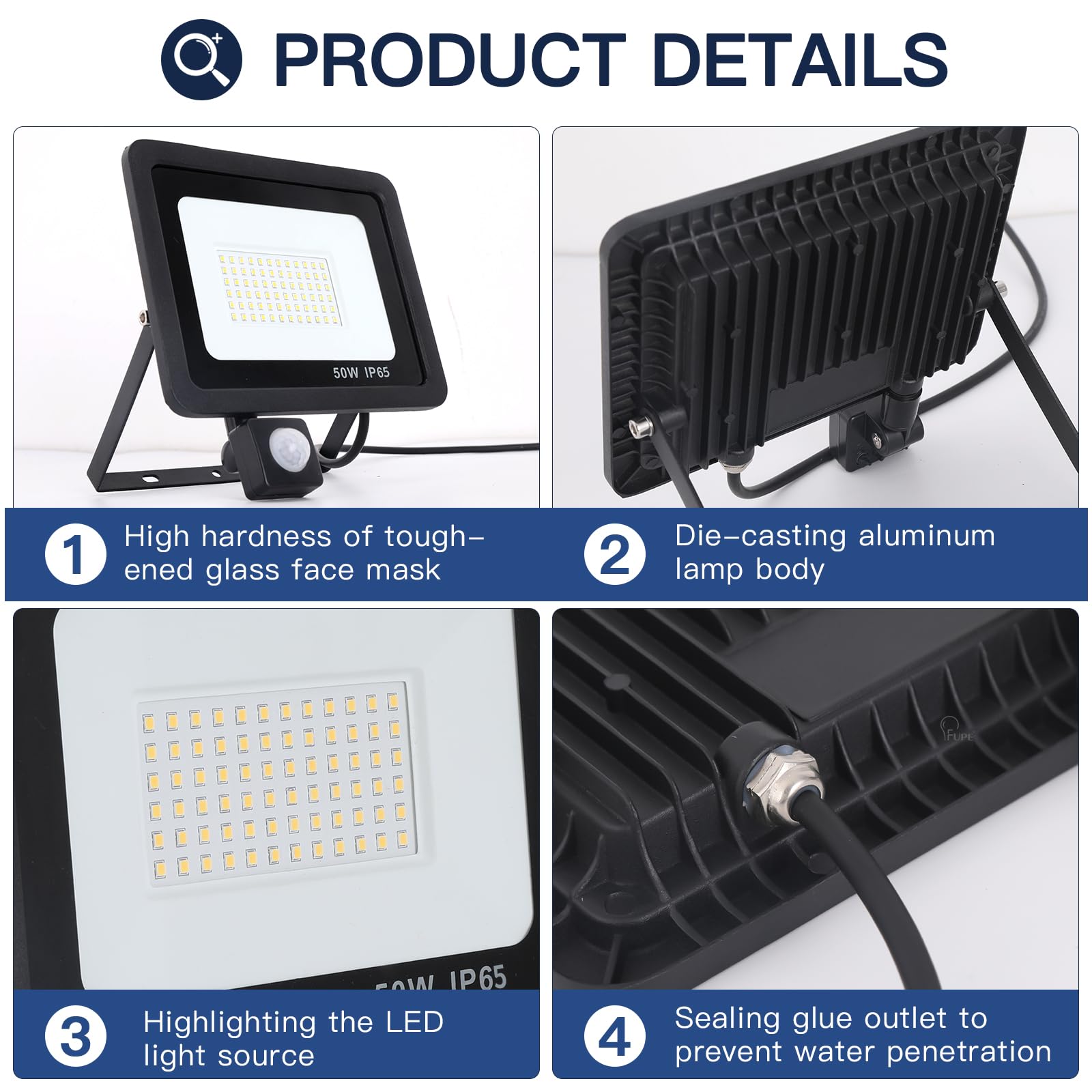 YCZM 50W LED Strahler Außen mit Bewegungsmelder 5000LM 6500K Kaltweiß,Außenstrahler mit Bewegungsmelder IP65 Wasserdicht,Scheinwerfer mit Bewegungsdetektor Schwarz für Hell Garten Garage Hof