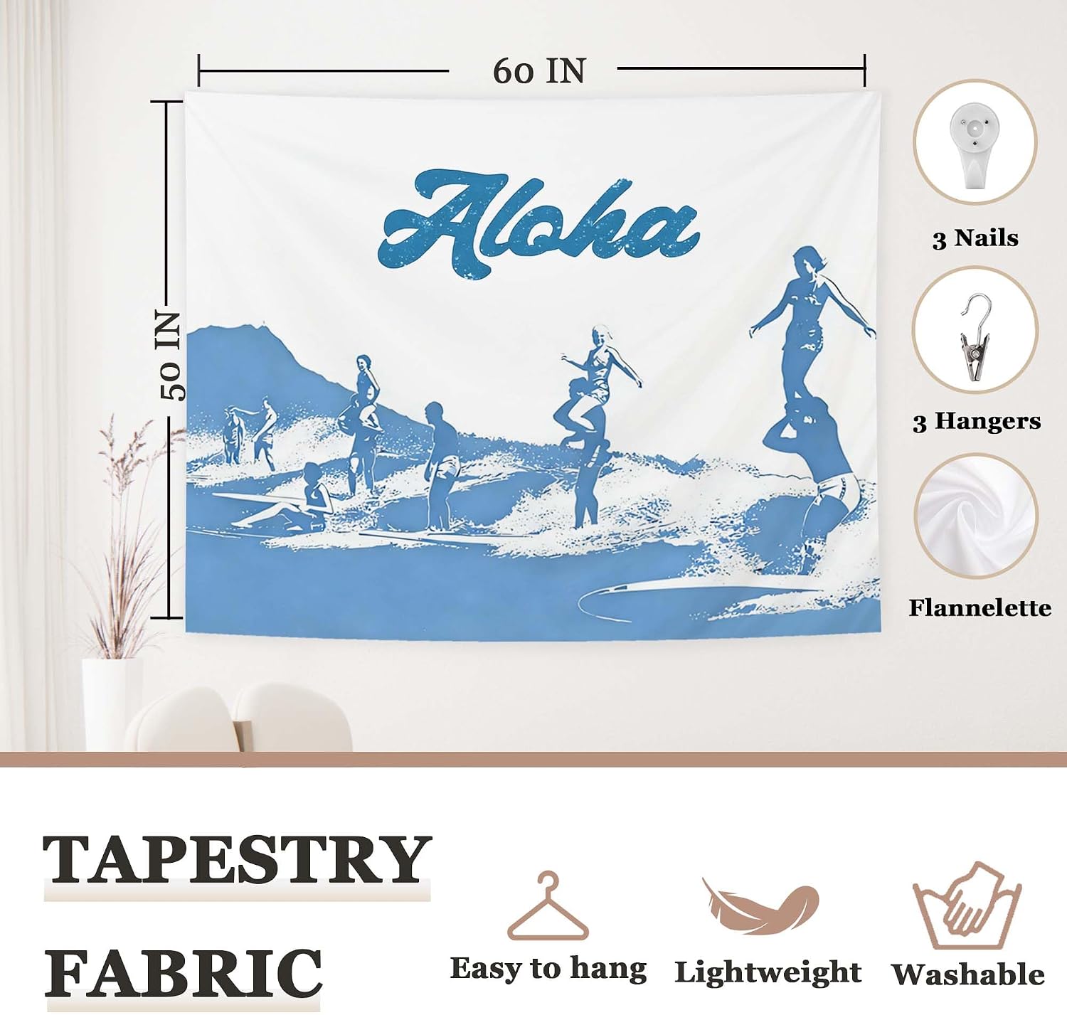 SAFDSGFDB Retro Coastal Ocean Beach Tapestry Wall Hanging, Summer Hawaii Ocean Surfing Wall Blanket for Cottage Beach House Home Bedroom Living Room Decor, 50x60 Inch