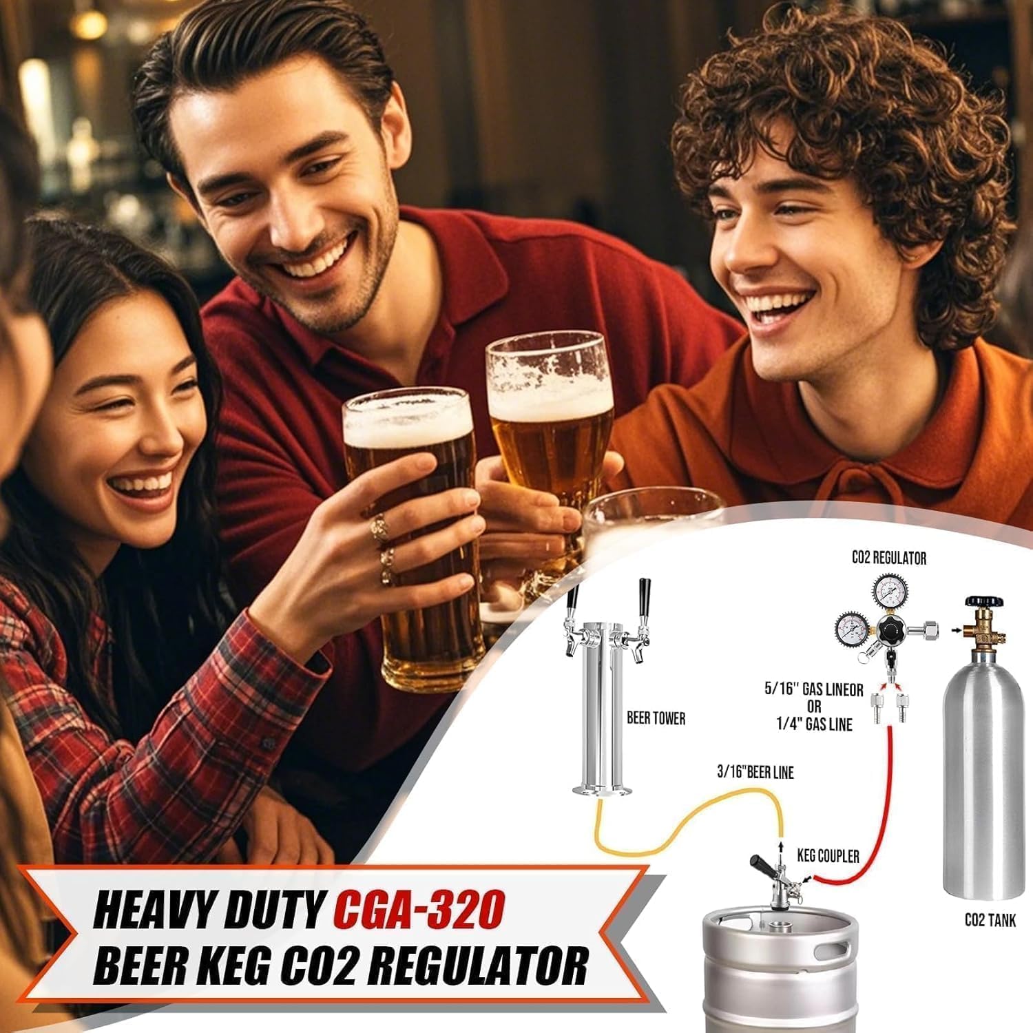 CO2 Regulator for Kegerator Beer Tower, 0-60psi Beer Keg Regulator 0-3000psi Co2 Tank Regulator CGA320 Thread, Draft Beer CO2 Gas Regulator with Relief Valve