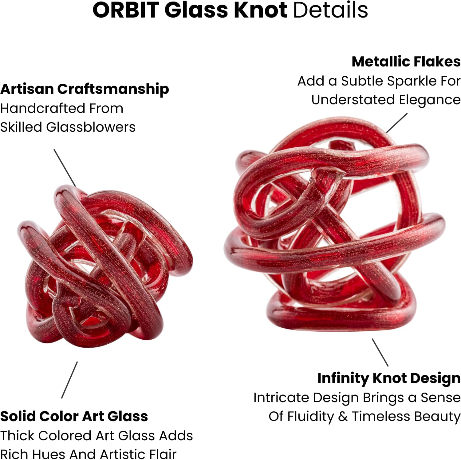 Torre & Tagus Orbit Hand Blown Glass Infinity Knot Sculpture - 3 Inch Glass Art Red & Gold Knot Decor Ball for Home Decor, Small Centerpiece Table Decoration for Home Interior (Red Gold Flakes)
