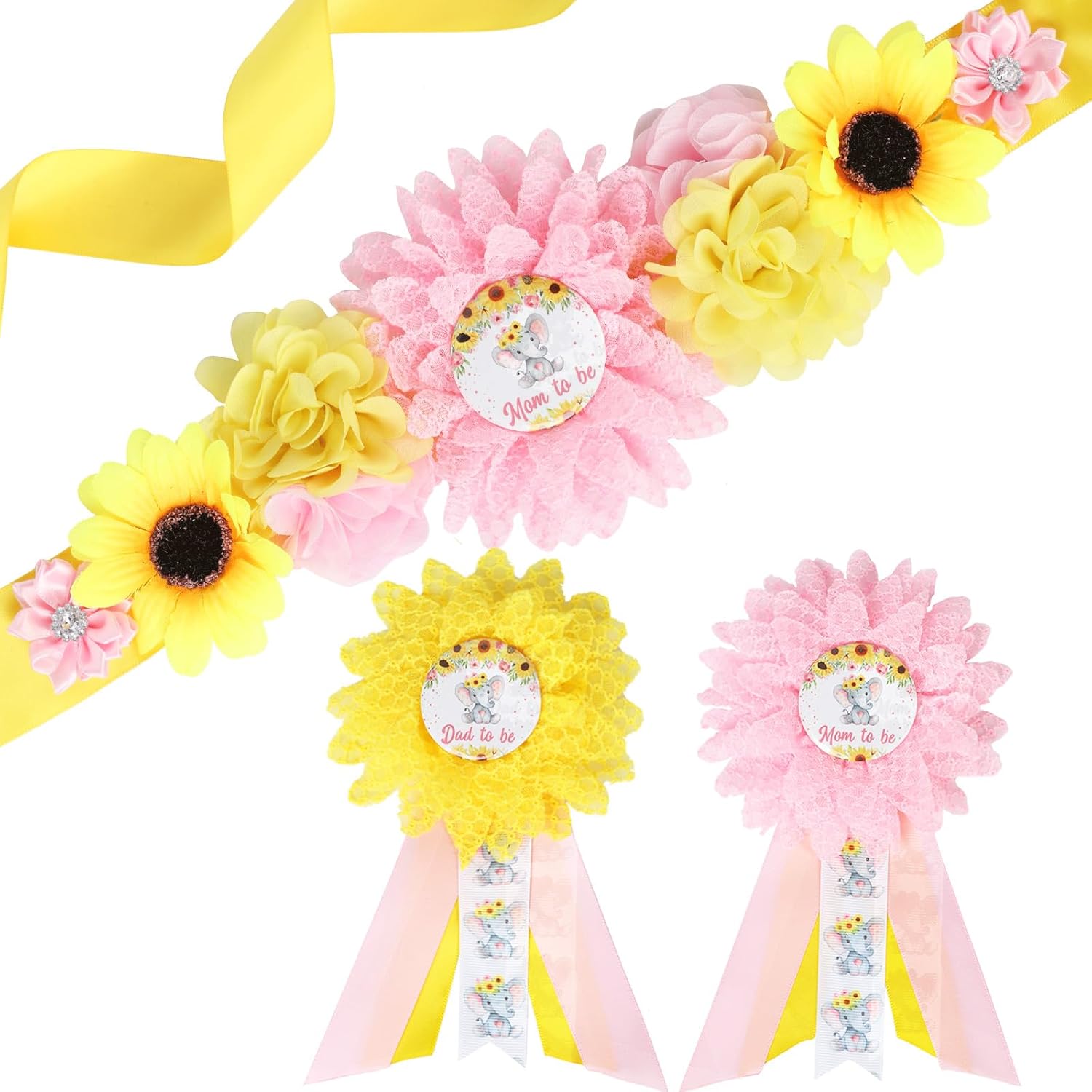 Pink Yellow Sunflower Elephant Baby Shower Maternity Sash Kit - Elephant Theme Baby Shower Belly Belt and Mom & Dad to Be Corsage Pins, Pregnancy New Parents Photo Props Party Supplies
