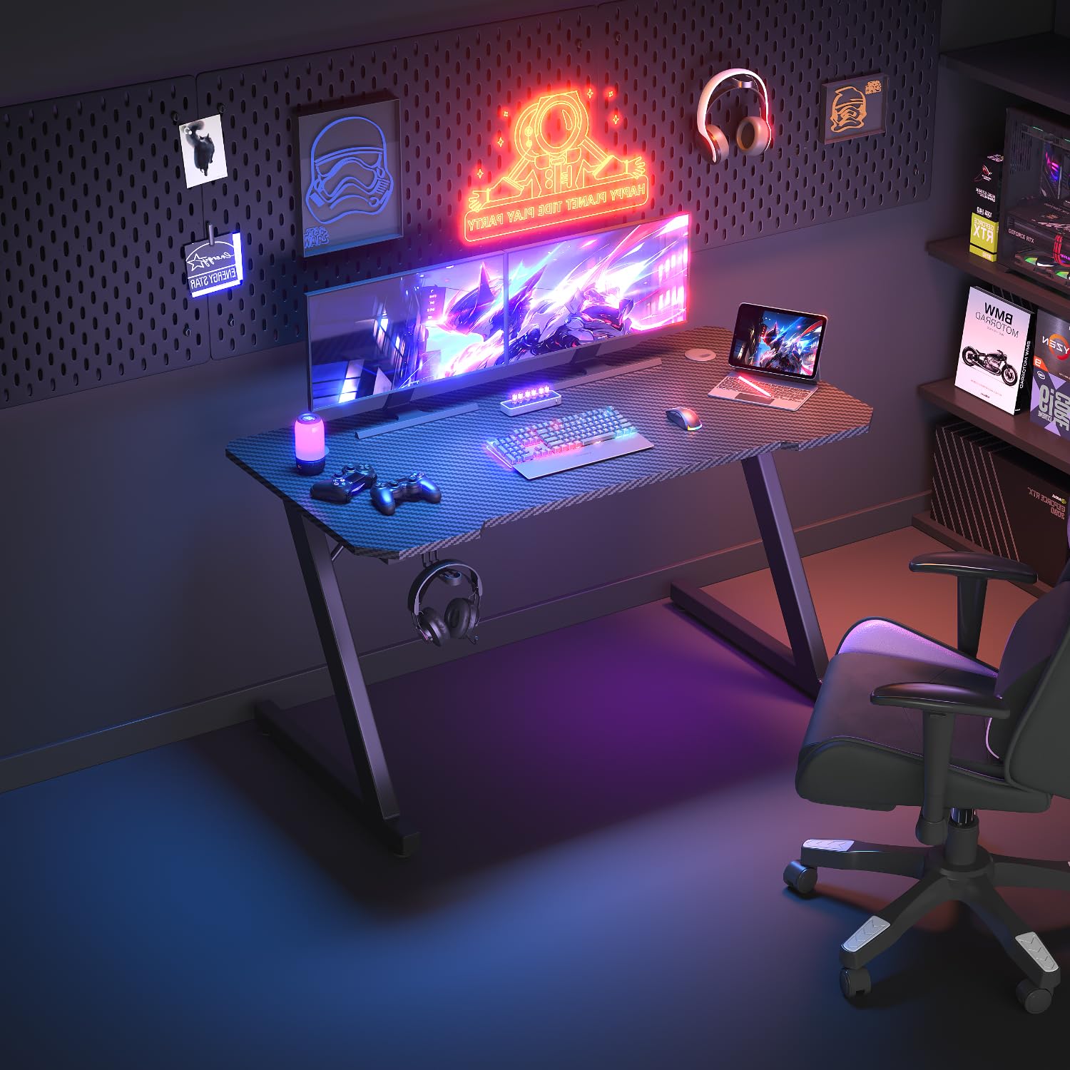 JUMMICO Scrivania Gaming 120 x 60 cm, Tavolo Gaming Ergonomica, Scrivania per Computer Postazione Gamer con Piano del Tavolo in Fibra di Carbonio Adatto Sia per i Giocatori Che per l'uso in Ufficio.