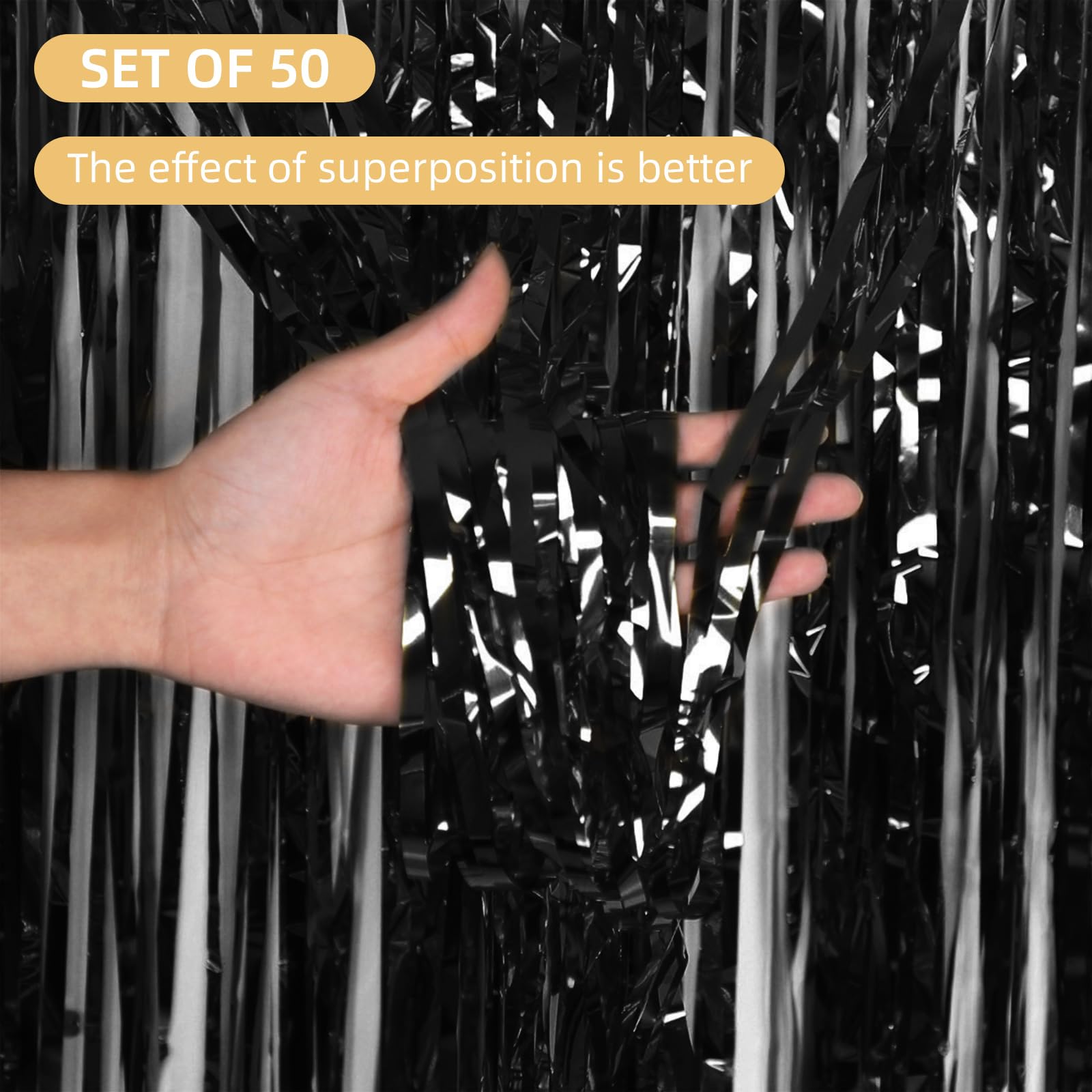 Lot de 50 rideaux à franges en feuille d'aluminium métallique pour décoration de fête d'anniversaire, cabine photo, 1 x 2,5 m, noir