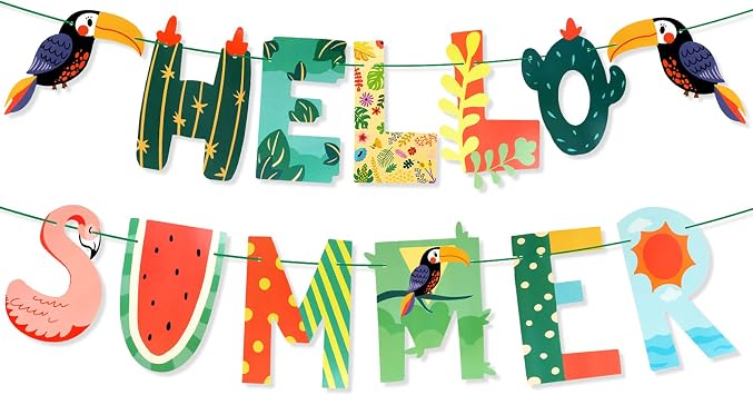 HOWAF Hello Summer Banner, Tropical Flamingo Parrot Theme Summer Beach Pool Party Decorations, Hello Summer Decorations for Home Office, Hello Summer Birthday Party Decorations