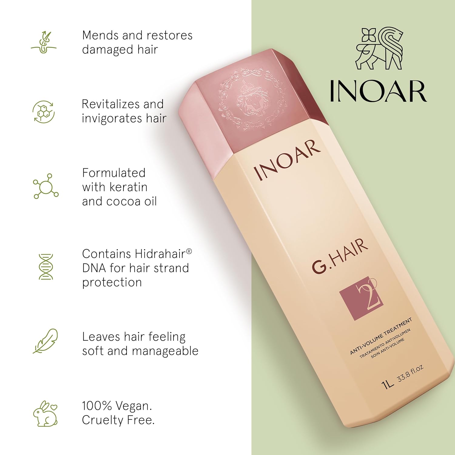 Inoar GHair Premium Keratin Step 2 with Keratin for Intense Frizz Reduction & Hair Smoothing, 33 Fl Oz