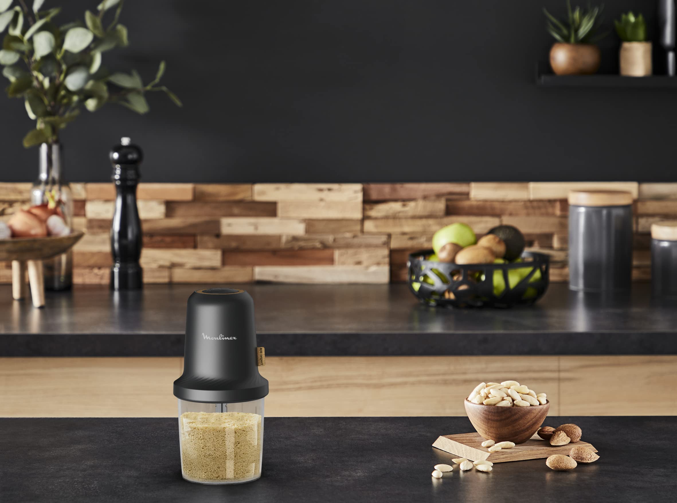 Moulinex Eco Respect hachoir, Design écologique, Oignons, ail, herbes, sauces, 0,5 L, 2 lames, 500 W, Fabriqué en France AT80E810