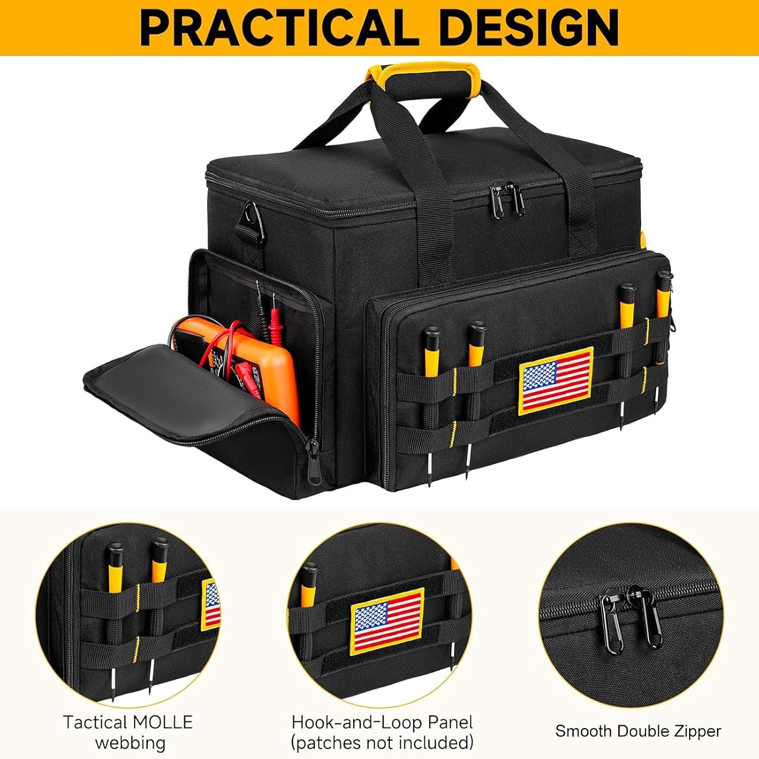 Tool Bag 15-Inch, Heavy-Duty Tool Storage Organizer, Portable Tool Box Tote | 30 Pockets, Anti-Friction Bottom, Water-Resistant, Small Tactical Range Bag for Men Him Dad Electrician Carpenter Repairman