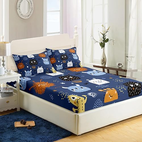 Miniatura 3 de AILONEN Juego de sábanas bajeras de monstruos tamaño individual, juego de sábanas con estampado de monstruos de dibujos animados, sábanas para