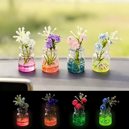 4pack Glow in the Dark Mini Glass Flower Figurines, Tiny Artificial Flowers in Glass Jar for Car Dashboard Decor, Miniature Flower Ornaments for Office Desk, Home & Fairy Garden Decoration