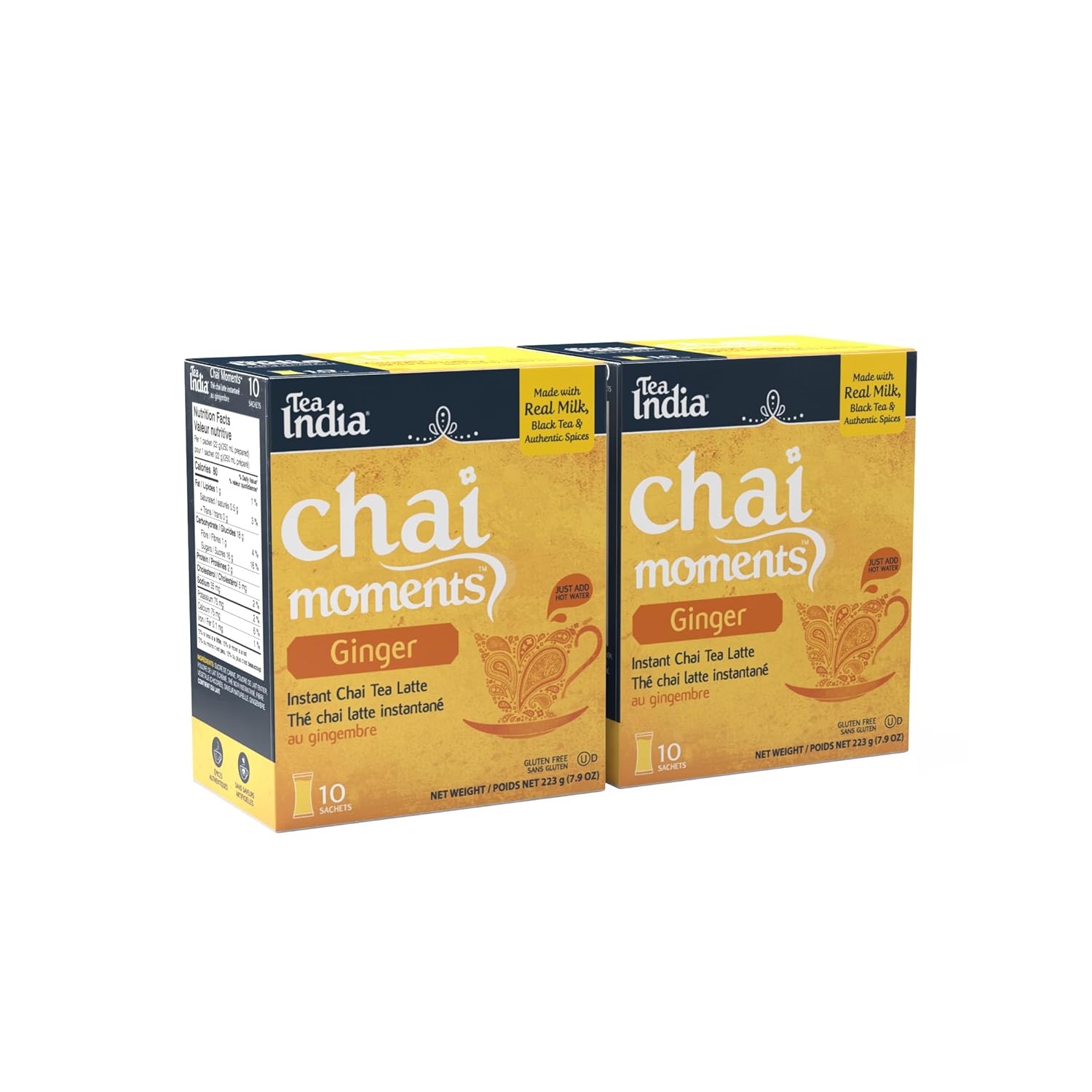 Tea India Chai Moments Ginger Chai Tea Instant Latte Mix Flavorful Blend Of Premium Black Tea, Ginger & Natural Ingredients Traditional Indian Caffeinated Tea Individually Wrapped 10 Sachets Pack of 6