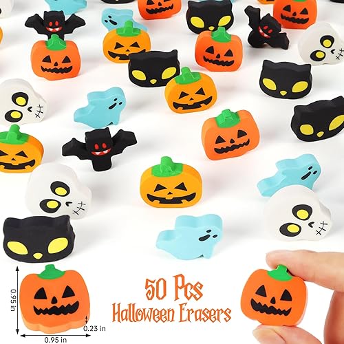 Miniatura 3 de Borradores de Halloween para niños a granel, 50 piezas grandes de Halloween, calabaza, fantasma, cráneo, murciélago, borradores para truco o trato