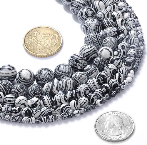 Miniatura 1 de Cuentas redondas sueltas de malaquita natural en blanco y negro de 0.236 pulgadas (0.236 in), pulsera de piedra de cristal, accesorios para