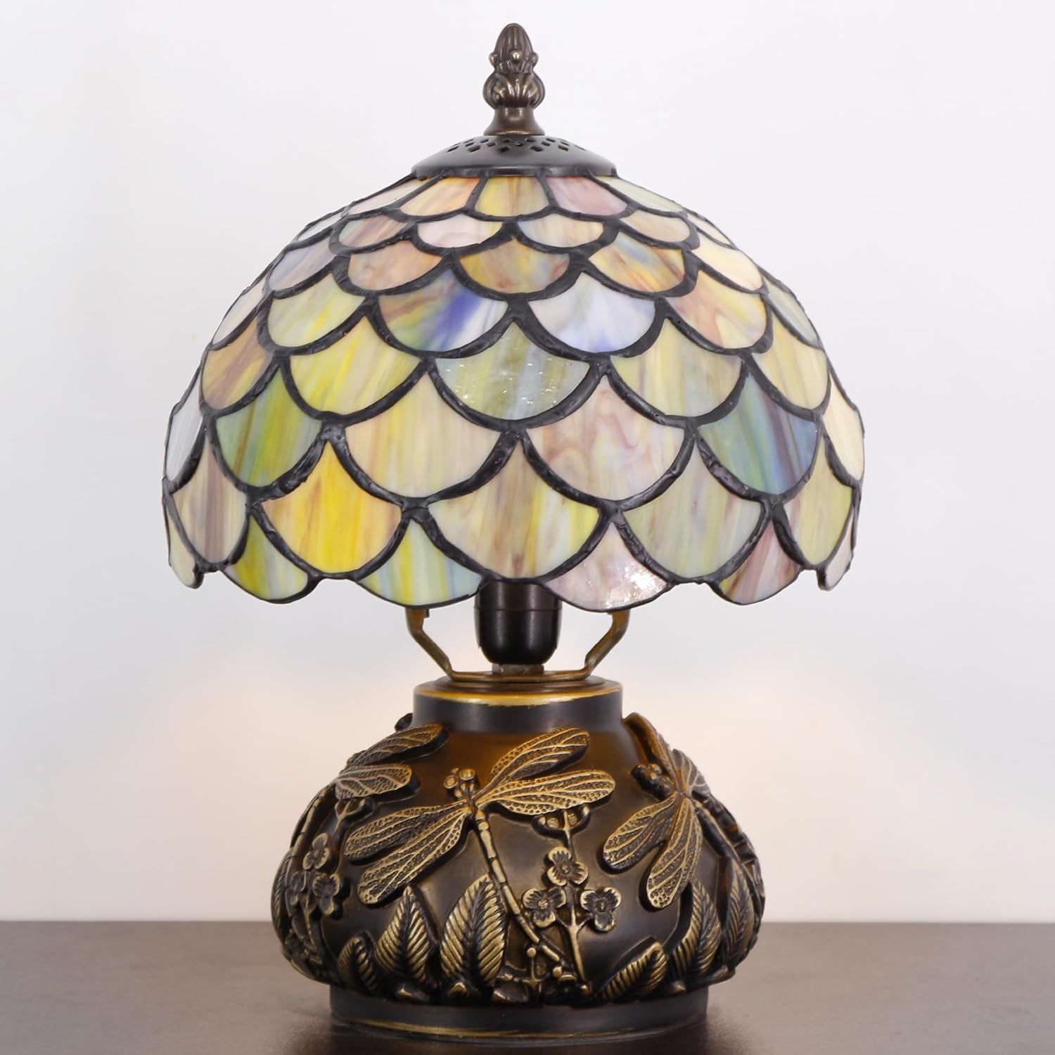 Small Tiffany Lamp Mini Stained Glass Table Lamp Yellow Fish Scale Style Tiffany Style Mushroom Desk Light Memory Sympathy Lamp 8X11 Inch
