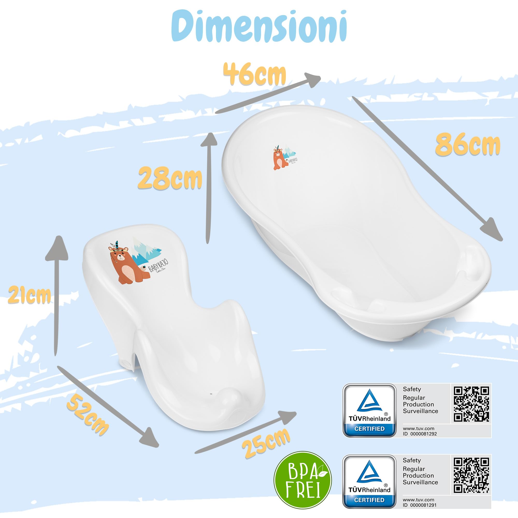 Vasca da bagno per bambini con struttura, set da 7 pezzi, certificazione TÜV Rheinland, vasca da bagno + seggiolino per vasca da bagno + supporto + scarico + vasino + sgabello + sedile WC per bambini
