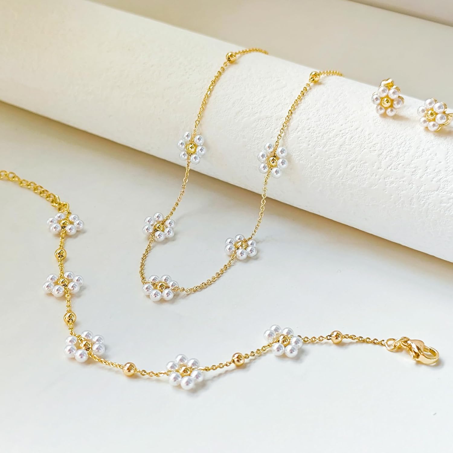 Zeffy Gold Pearl Necklace for Women, Dainty 14K Gold/Silve Plated Layered Pearl Choker Pearl Earrings Pearl Bracelets Wedding Trendy Gold Jewelry Set for Women Gifts - Image 5