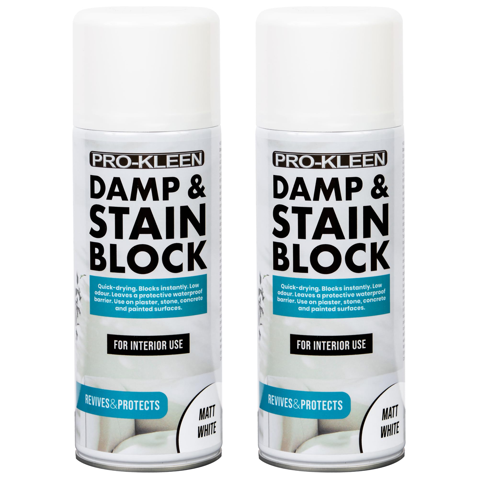 Damp & Stain Block Spray Paint Primer White Matt 2 x 500ml - Covers Damp, Mould, Grease, Nicotine & Rust Stains - for Walls & Ceilings - Leaves a Waterproof Barrier