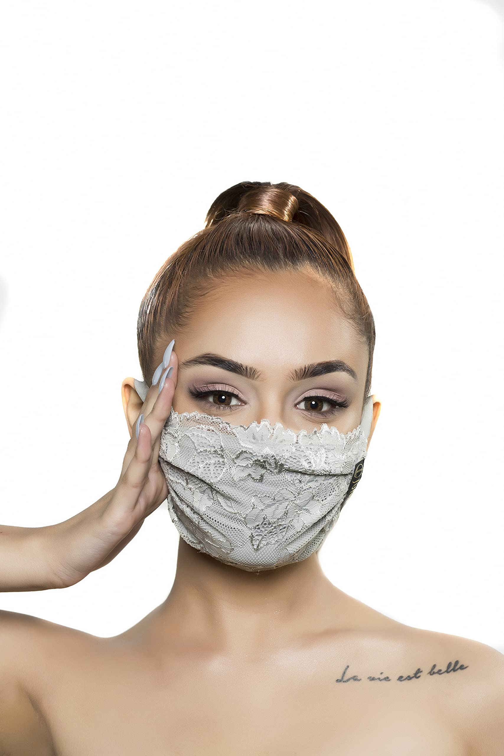 JUNNEAntiMicrobial 3-Ply mask, which has exquisite French Lace on top and Micro-Poly Lycra Blend double layer for Protection. (Free Size). Adjustable side ear loops - Made in India