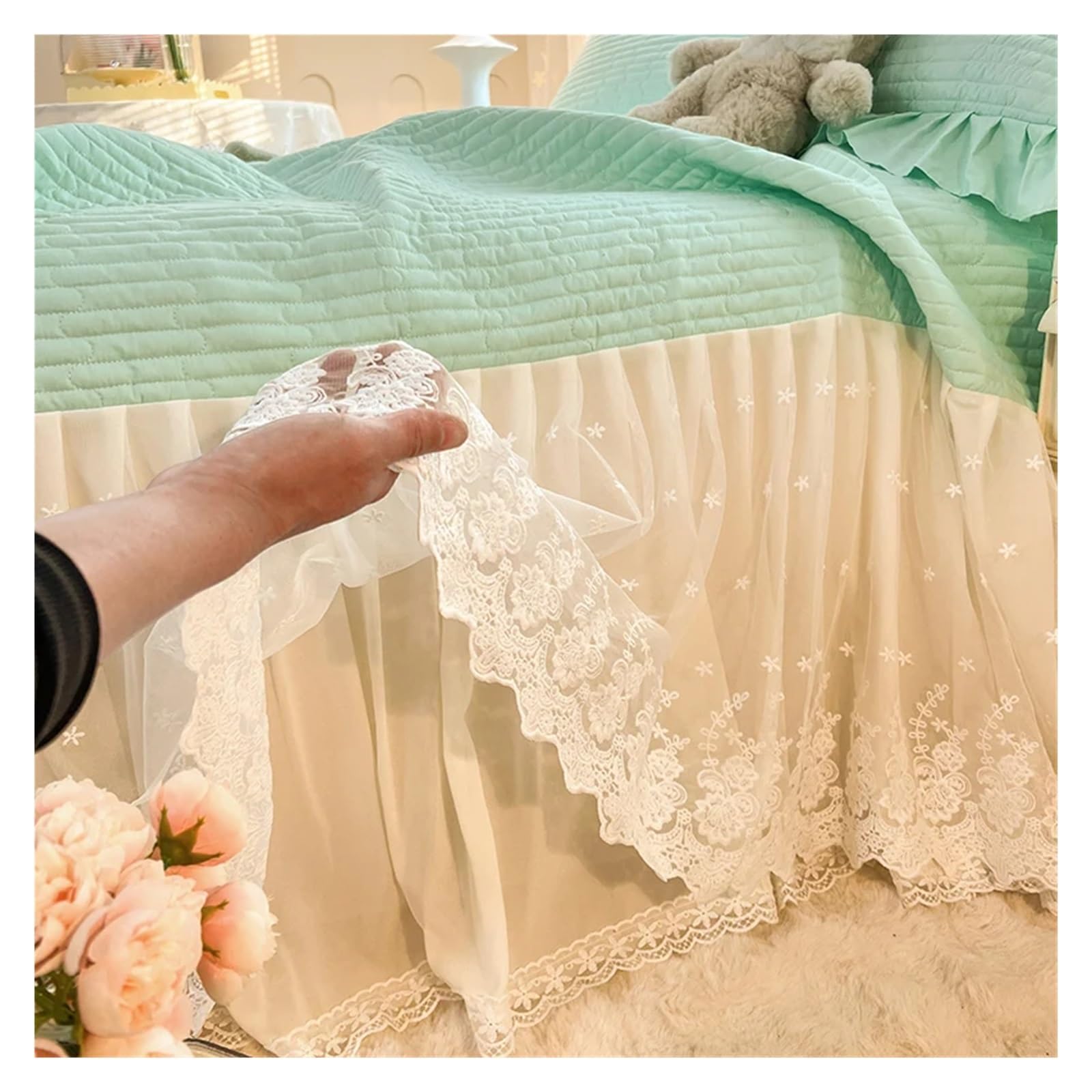 Quilted Cotton Flowers Lace Bed Skirt, Bedspread, Bed Sheet, Bed Cover, Pillowcases, 2/3Pcs Wedding Bedding Set(4,200X220cm 3pcs)