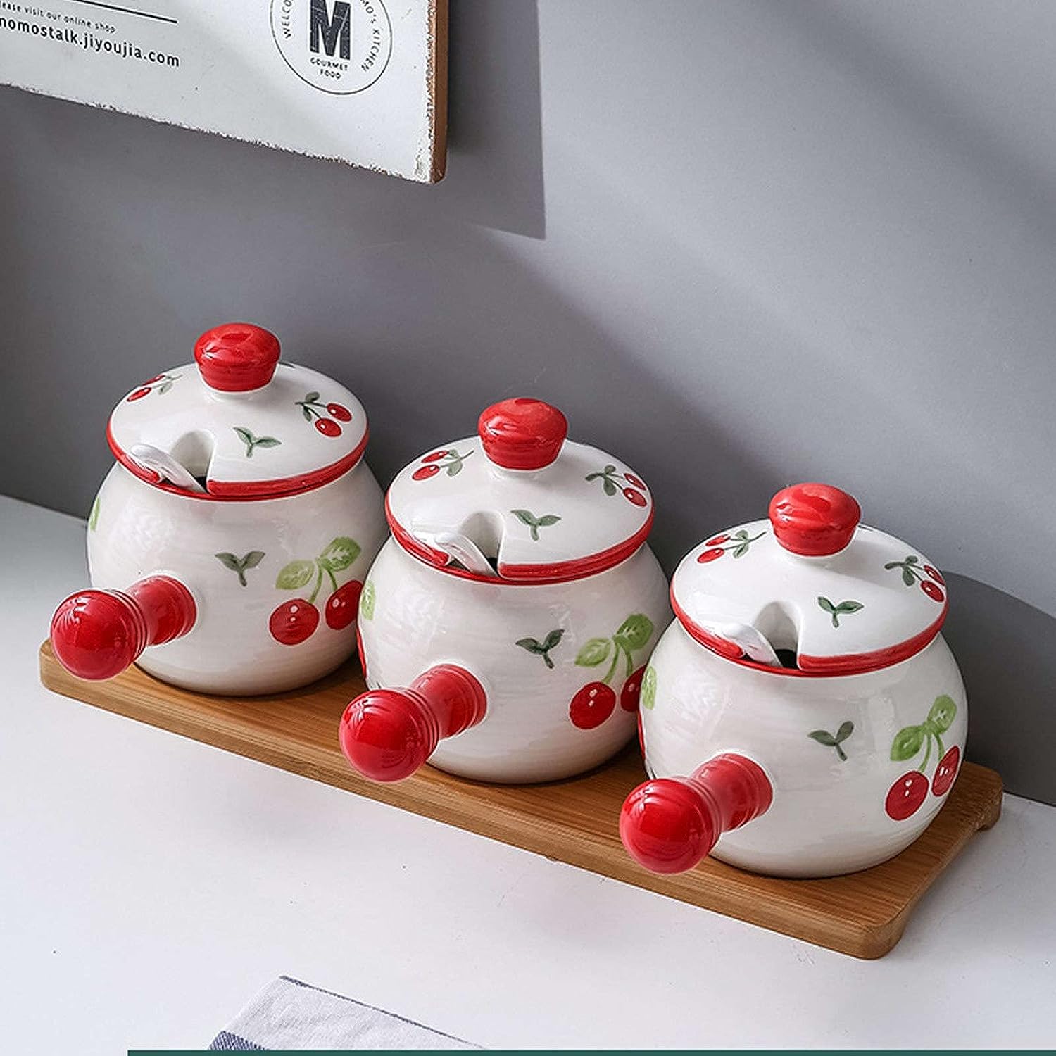 HLTYGWX Słoiki na przyprawy, pojemnik na sól do kuchni, garnki Zestaw ceramicznych słoików na przyprawy z uchwytem i łyżką w pokrywce Zestaw pojemników na przyprawy do słoików na przyprawy kuchenne