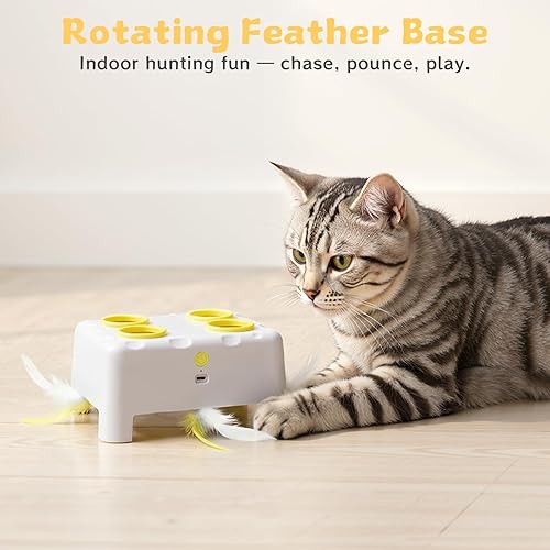 Miniatura 7 de Interactive Cat Toy for Indoor Cats, 3 Modes Feathers Toy, Rechargeable 4 Holes Mole Cat Toys, Cheese Box for Kitten, 4 Accessories (White)