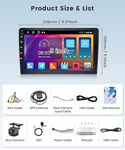 Miniatura 7 de 4Core 2G+32G 9 pulgadas Android 13 Car Stereo Double DIN Wireless Carplay Android Auto Mirror Link, Rimoody Car Radio Pantalla táctil con navegación