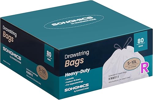 SONGMICS Bolsas de basura para botes de basura de 2.6 galones (10 litros), bolsas de basura con cordón para cocina, preseparadas, caja de
