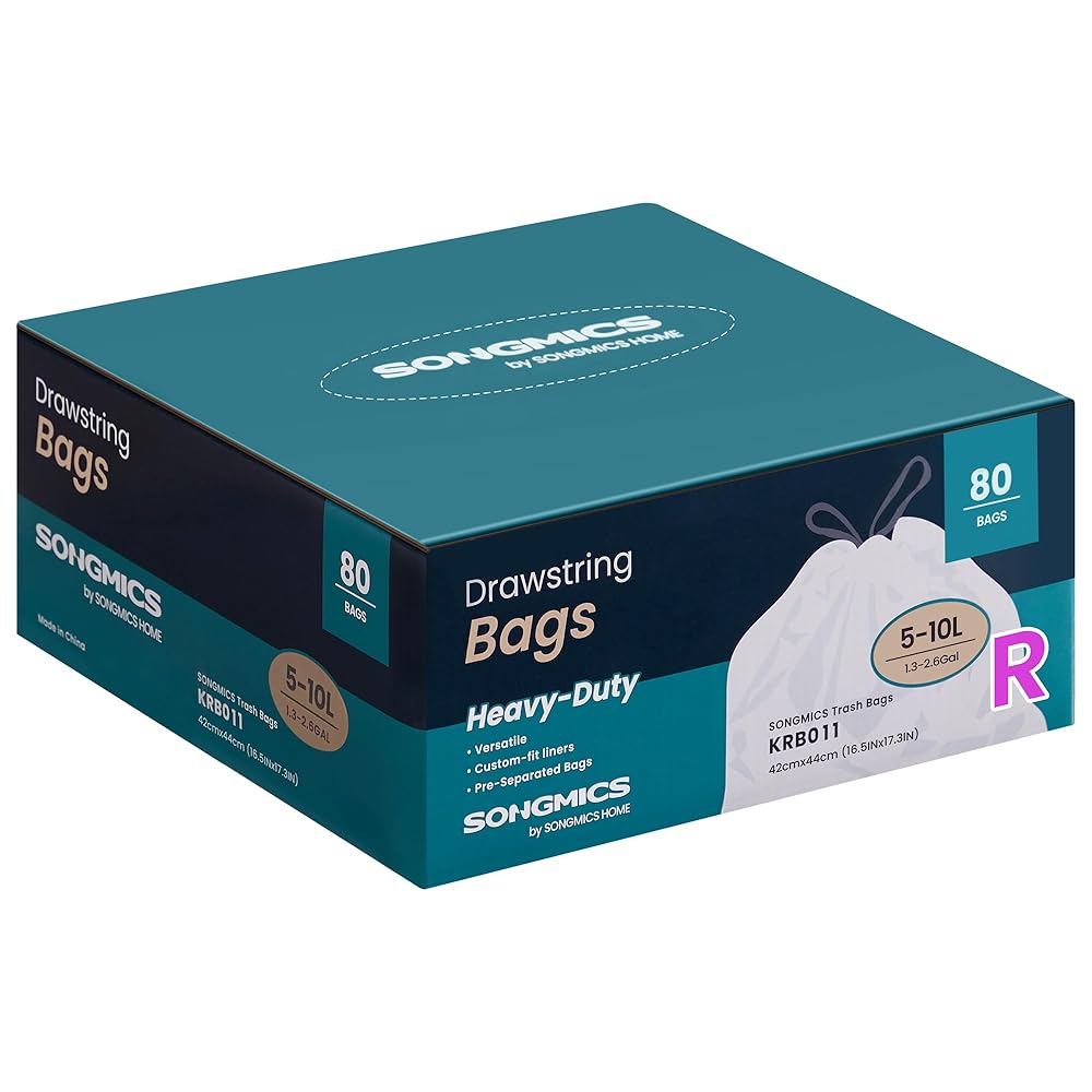 SONGMICS Trash Bags for 2.6-Gallon (10 L) Trash Cans, Drawstring Kitchen Garbage Bags, Pre-Separated, Quick-Dispense Box, Liner Code R, 2 Rolls, 80 Count, White UKRB011A02