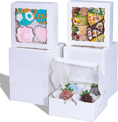 JCXGRVC 55 cajas de panadería de 6 x 6 x 2.5 pulgadas con ventana, cajas de galletas pequeñas para tartas, cajas de macarrones, cajas para tartas,