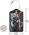 2 Pack Luggage Tags for suitcases Guitar Funny cute cat Luggage Tag, Leather Stainless Steel Loop Label Tag for Men Women Travel Bag Suitcase(Guitar cat)