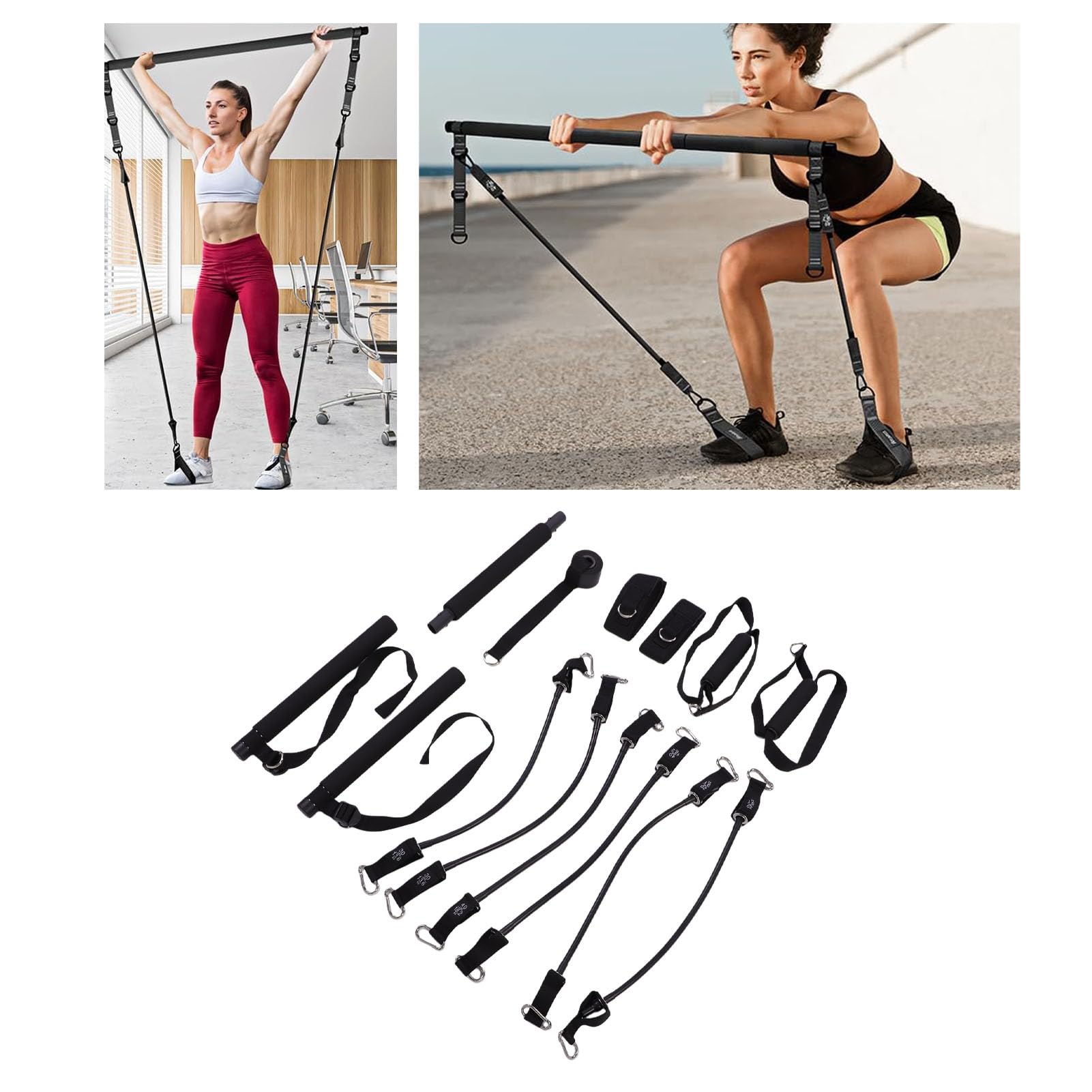 XUMIUZIY Equipo Portátil de la Barra de Pilates con Las Bandas Multiusos de la Resistencia para el Negro del Metal de la TPE del Entrenamiento de Pilates