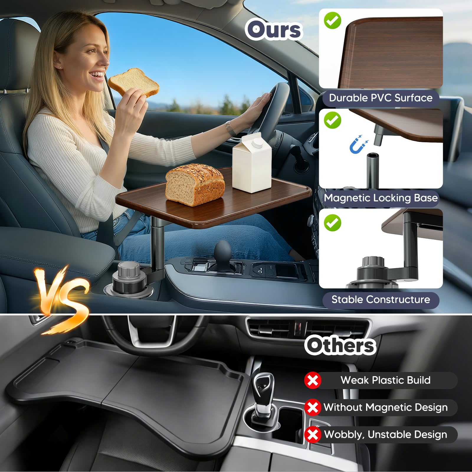 Support de bureau pour ordinateur portable, table porte-gobelet pivotante à 360° Support en bois pour, table et plateau repas pour voiture Compatible avec les modèles la plupart des véhicules